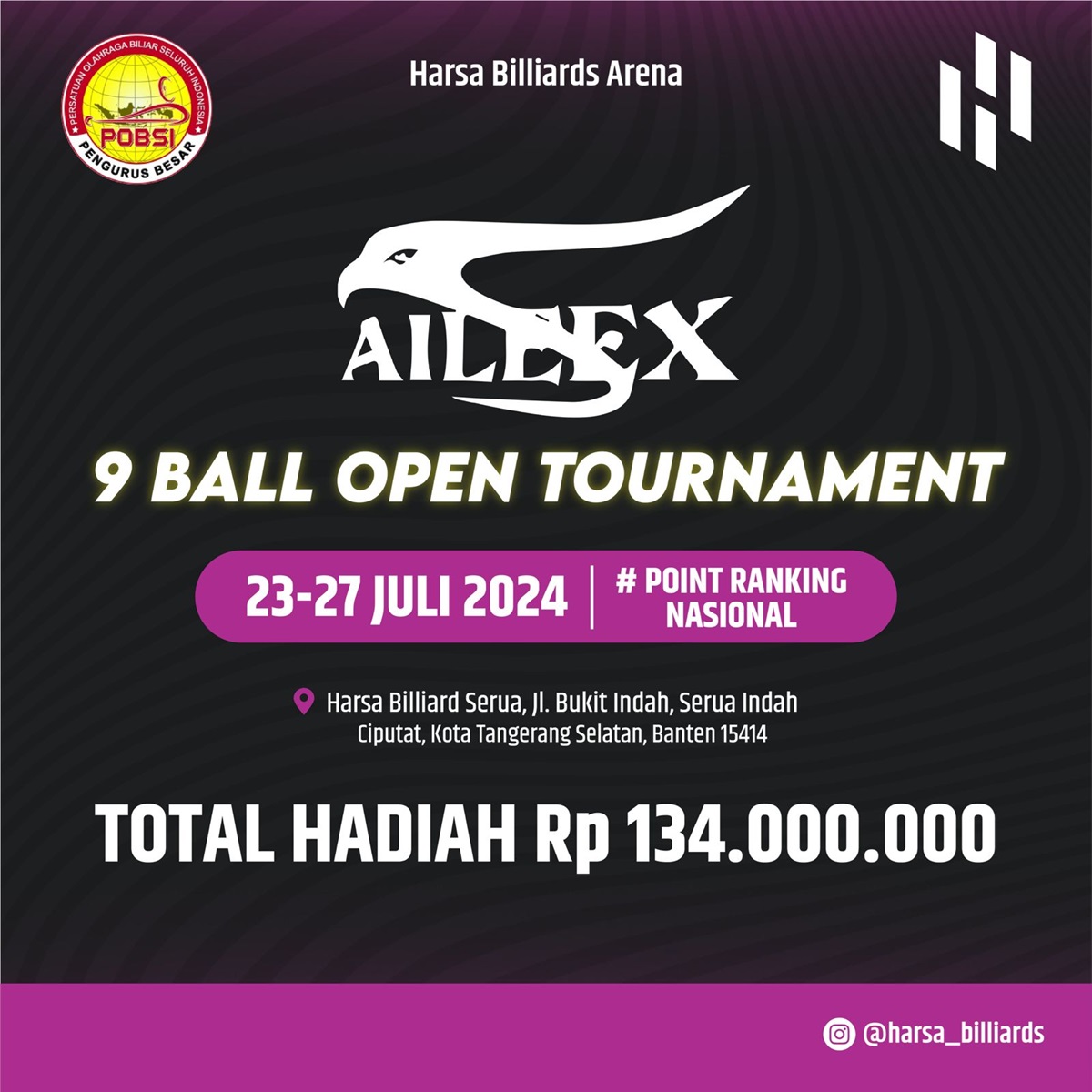 Perebutkan Hadiah Total Rp134 Juta, PB POBSI x Harsa Gelar Aileex 9 Ball Open Tournament di Tangerang Selatan