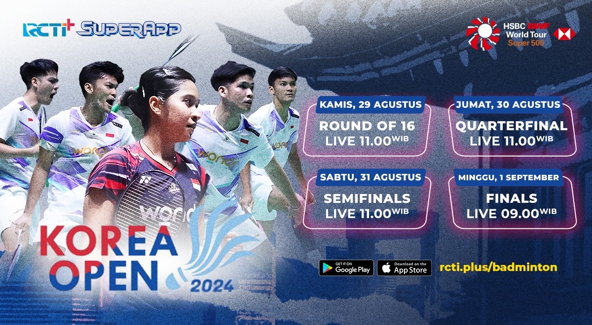 Link Live Streaming Korea Open 2024 di RCTI+ SuperApp, 6 Wakil Indonesia Siap Tempur